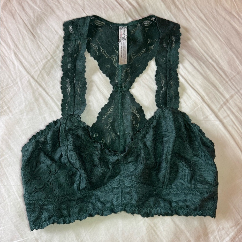 Free People Intimately Boho Bralette Forest Green Floral Lace Racerback Small